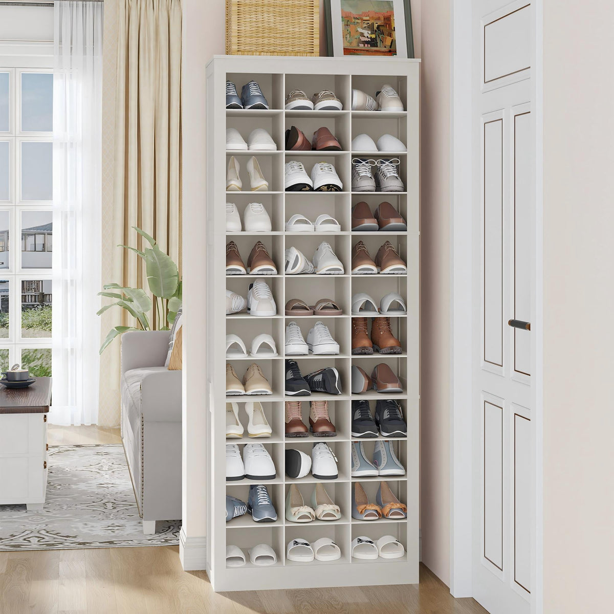 Hzuaneri 12-Tier Shoe Storage Cabinet, Wooden Tall Shoe Rack Organizer, Holds up to 36 Pairs of Shoes, Shoe Storage Organizer for Closet, Entryway, Dorm, Bedroom, White