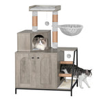 4-in-1 Cat Litter Box Enclosure Cat Tree, Platform, Scratcher, Stairs,Greige with Platform, Scratching Posts, Washable Removable Cushion, Greige