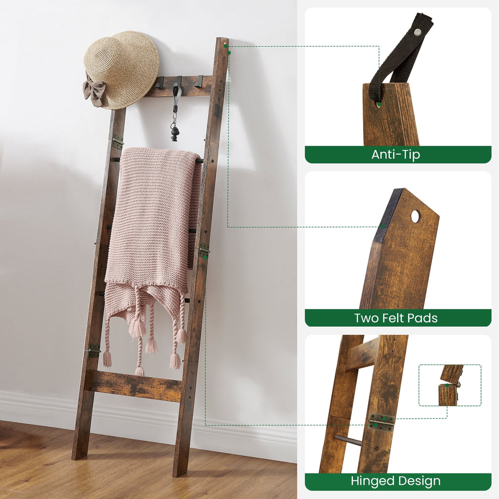 Hzuaneri Blanket Ladder for Living Room, 5-Tier Farmhouse Ladder Holder with 4 Hooks, 5ft 3 inch Rustic Decorative Farmhouse Blanket Holder Rack Easy Assembly - Rustic Brown