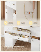 Hzuaneri White Makeup Vanity Desk, 42.5"W Makeup Vanity Table with Led Mirror, 4 Drawers, 2 Open Storage Cabinets, Jewelry Storage, Makeup Desk for Bedroom, Bathroom