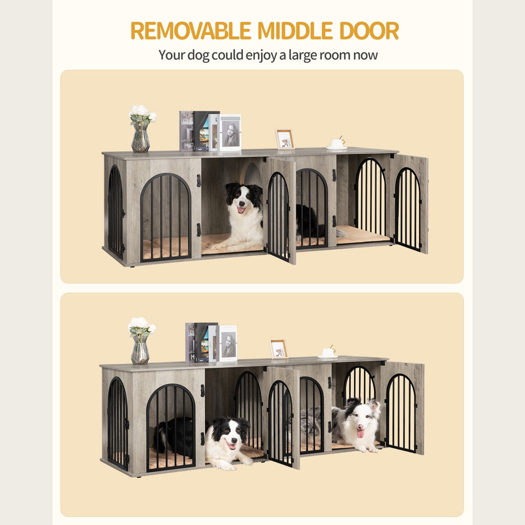 Hzuaneri 71" Dog Crate Furniture for 2 Dogs, Heavy Duty Wooden Kennel for Medium Large Dogs with Divider,Greige Black