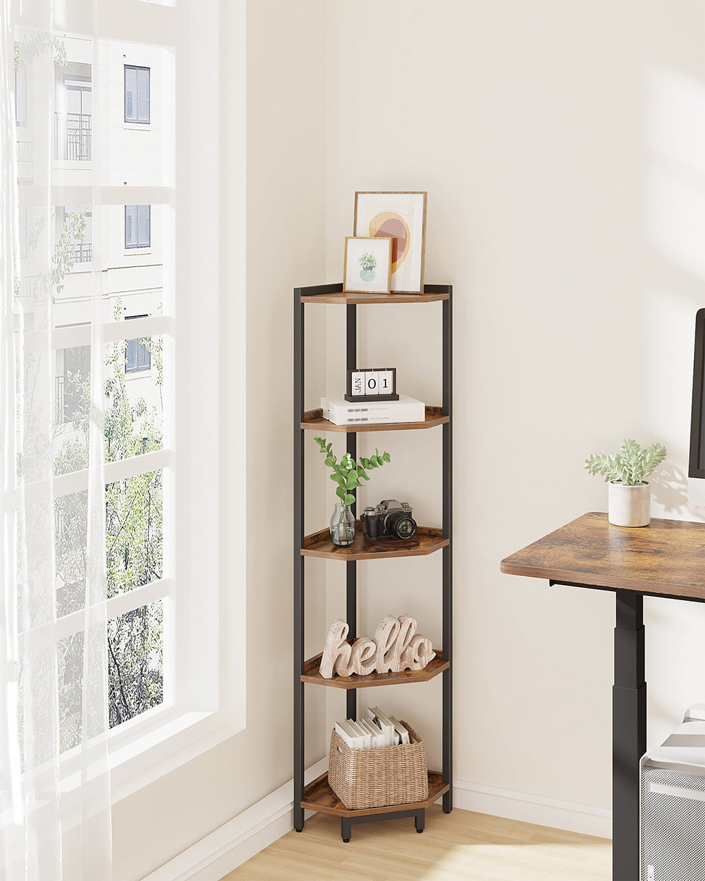 Corner Shelf Stand 5-Tier with Metal Frame, Corner Bookshelf for Living Room Home Office Bedroom, Rustic Brown