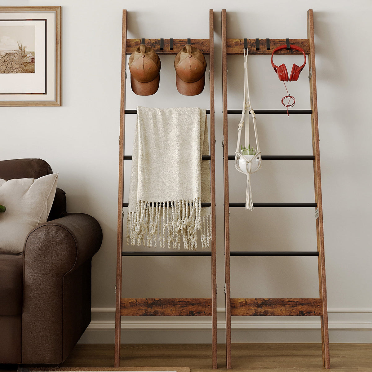 Hzuaneri 6-Tier Blanket Ladder with Hooks, 5.6Ft Wall Leaning Blanket Ladder, 4 Removable Hooks for Living Room, Bedroom Bathroom, Decorative Quilt Rack Easy to Assemble, Rustic Brown