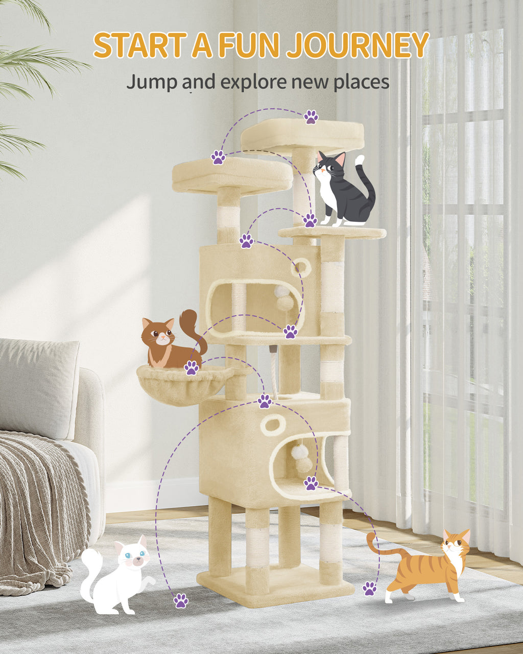 Hzuaneri Cat Tree, 159 cm with 8 Scratching Posts, Beige with 3 Platforms, 2 Caves, Basket, Plush Balls, Sisal Rope, Suitable for Cats of Various Sizes, MS15918YL