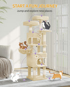 Hzuaneri Cat Tree, 159 cm with 8 Scratching Posts, Beige with 3 Platforms, 2 Caves, Basket, Plush Balls, Sisal Rope, Suitable for Cats of Various Sizes, MS15918YL