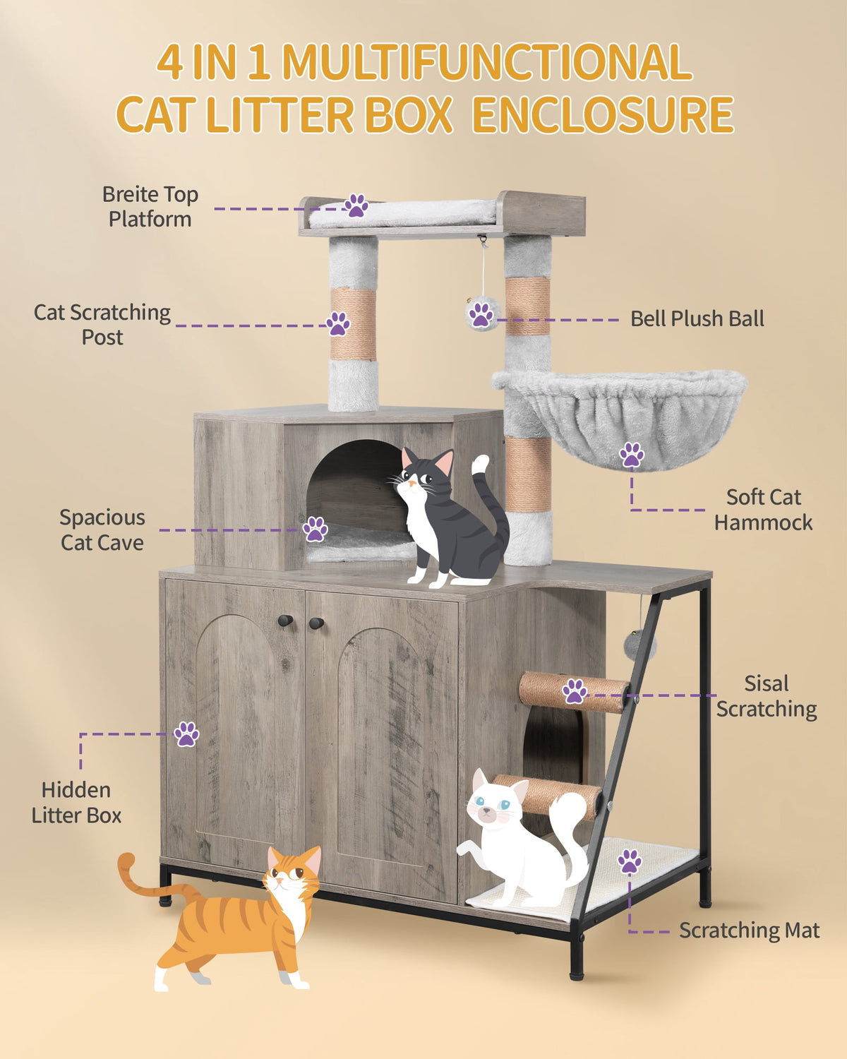 4-in-1 Cat Litter Box Enclosure Cat Tree, Platform, Scratcher, Stairs,Greige with Platform, Scratching Posts, Washable Removable Cushion, Greige