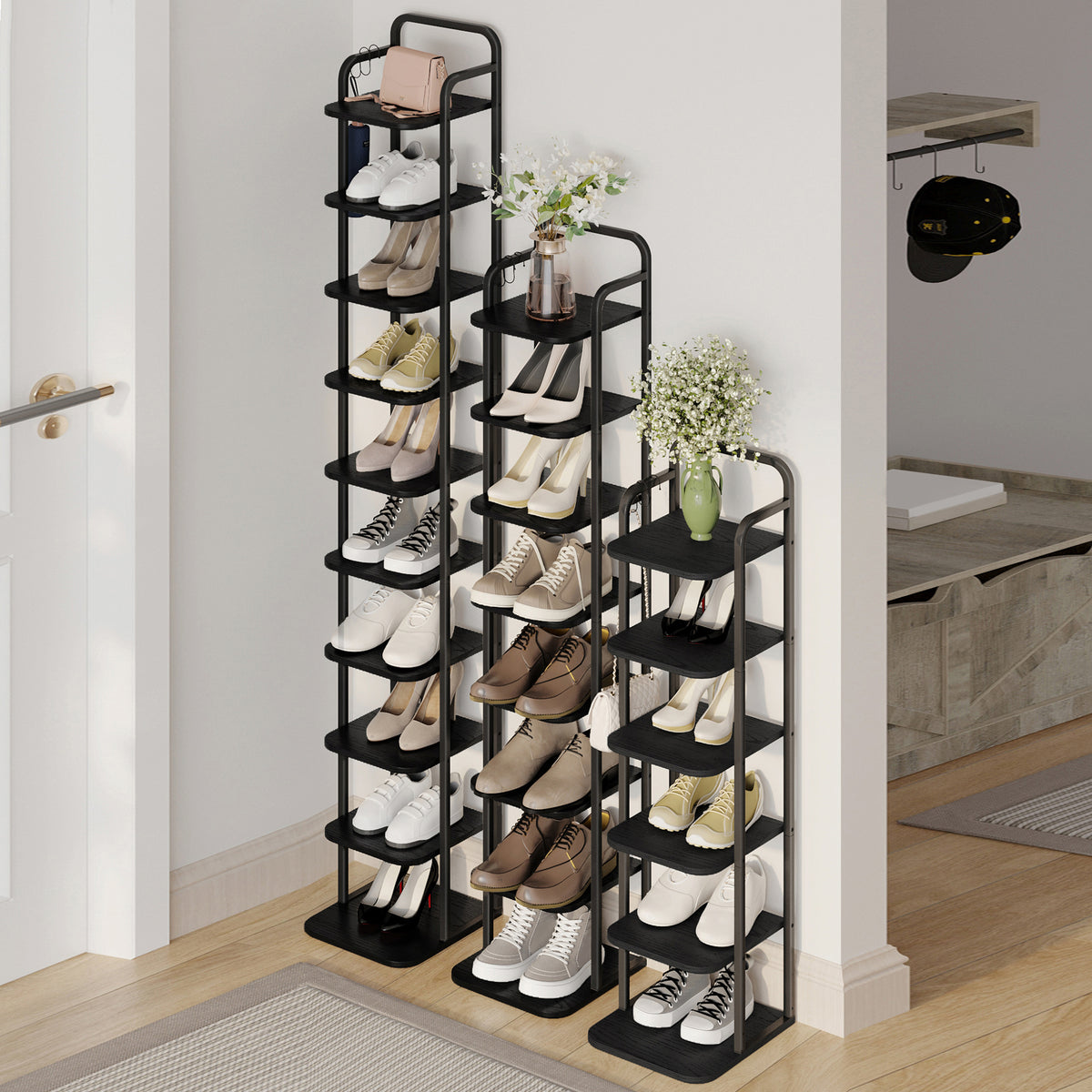 Hzuaneri 10-Tier Vertical Shoe Rack, Tall Shoe Organizer with 2 Hooks, Wooden Shoe Tower for Entryway, Hallway, Closet Space Saving, Free Standing, Black