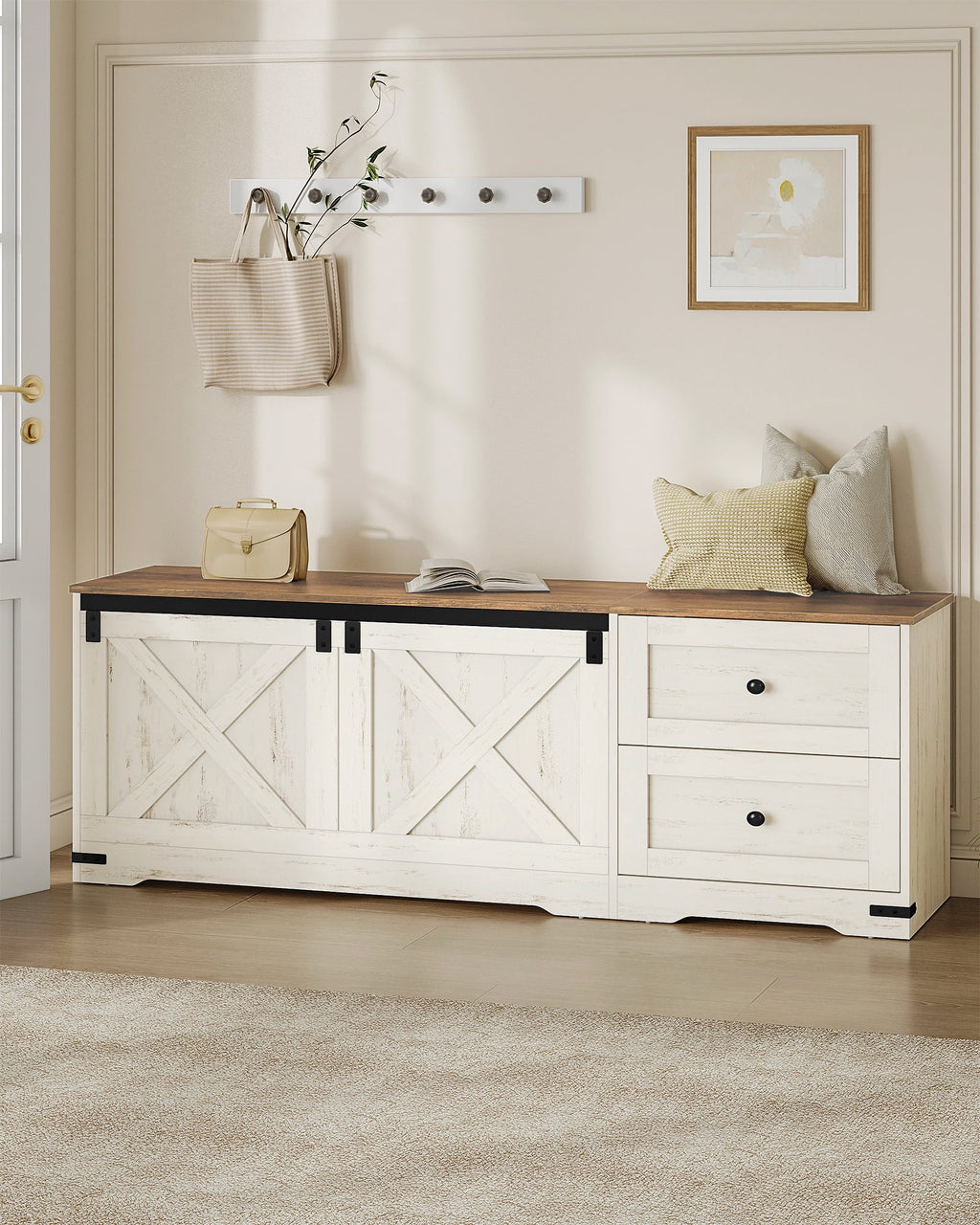 Storage Bench 58" with Double Drawers, Farmhouse Storage Trunk for Entryway and Bedroom, Antique White