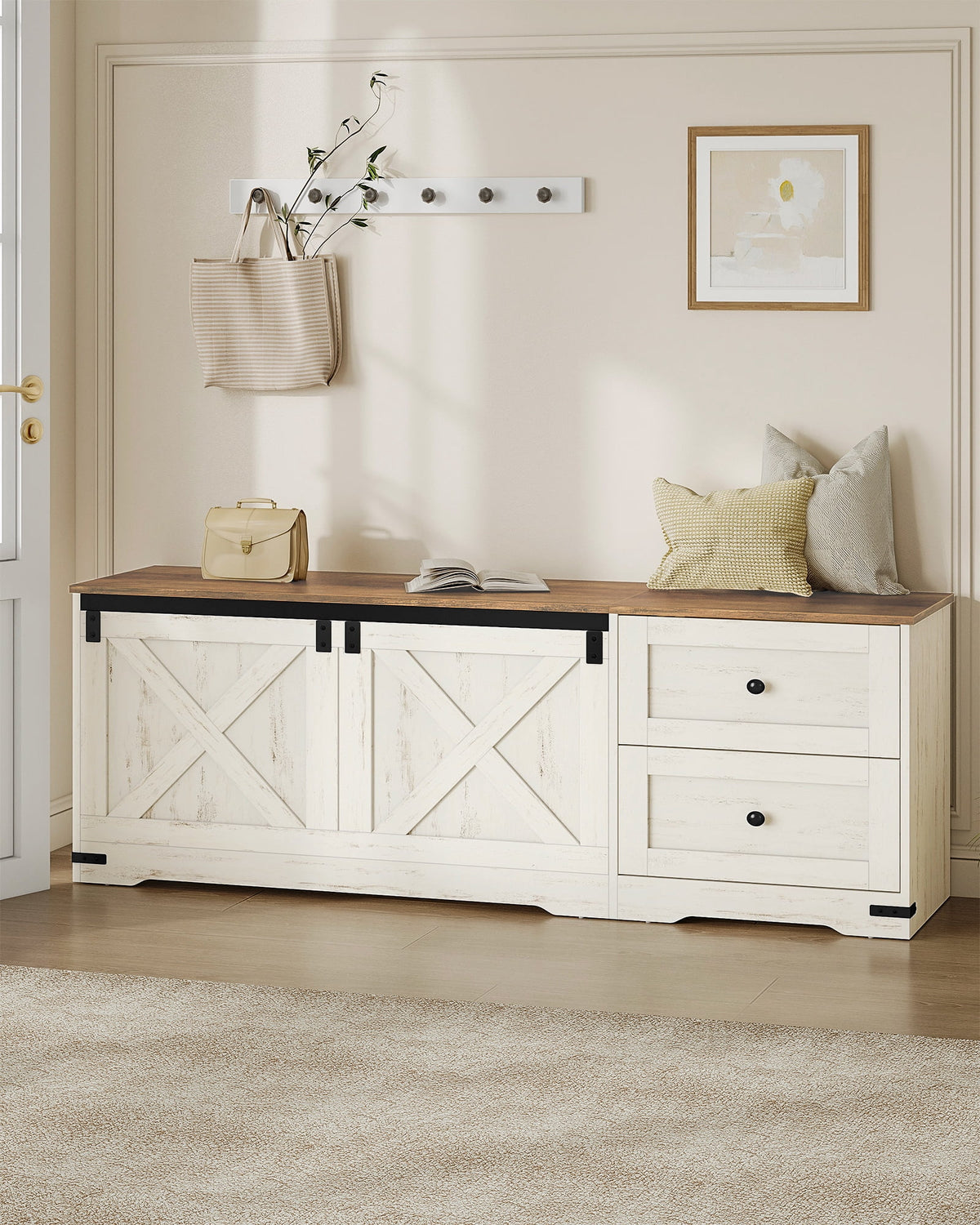 Storage Bench 58" with Double Drawers, Farmhouse Storage Trunk for Entryway and Bedroom, Antique White