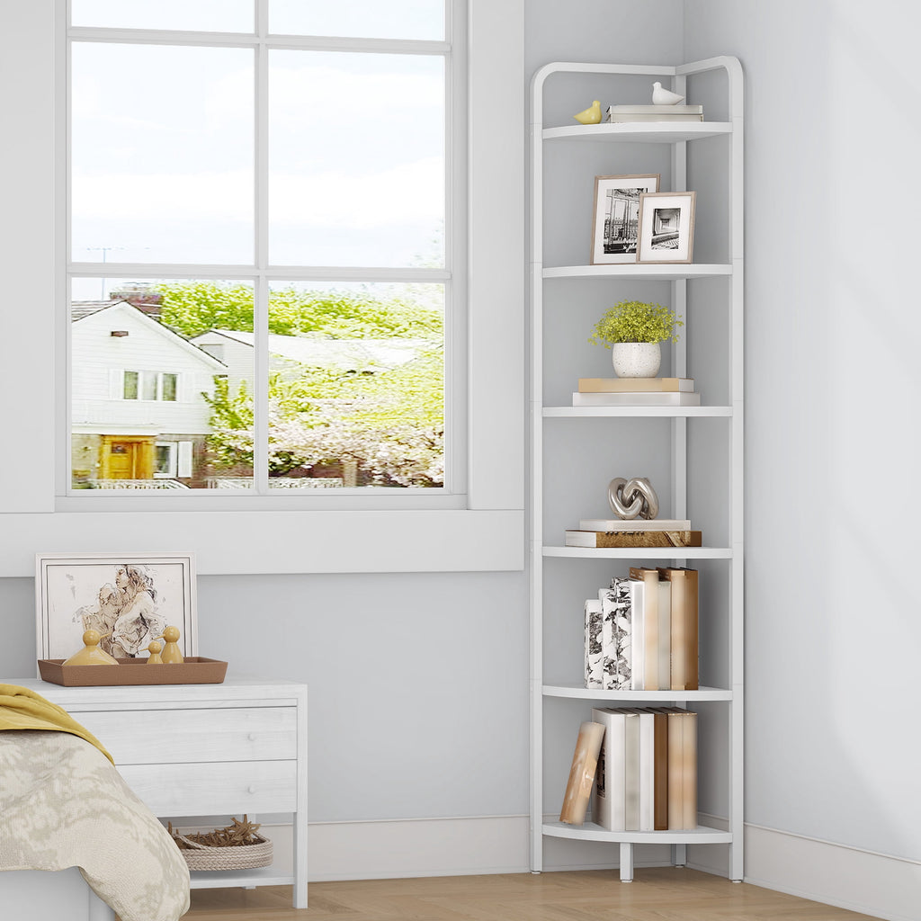 Corner Shelf Stand 6-Tier with Metal Frame, Industrial Corner Bookshelf Plant Shelf for Living Room Bathroom Kitchen, White