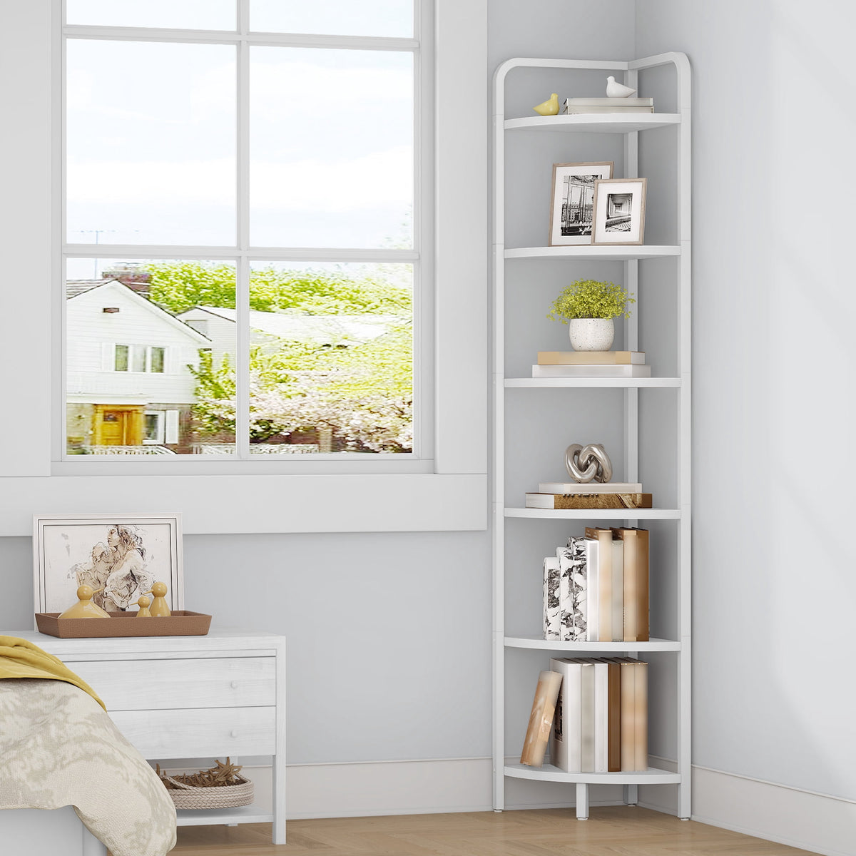 Corner Shelf Stand 6-Tier with Metal Frame, Industrial Corner Bookshelf Plant Shelf for Living Room Bathroom Kitchen, White