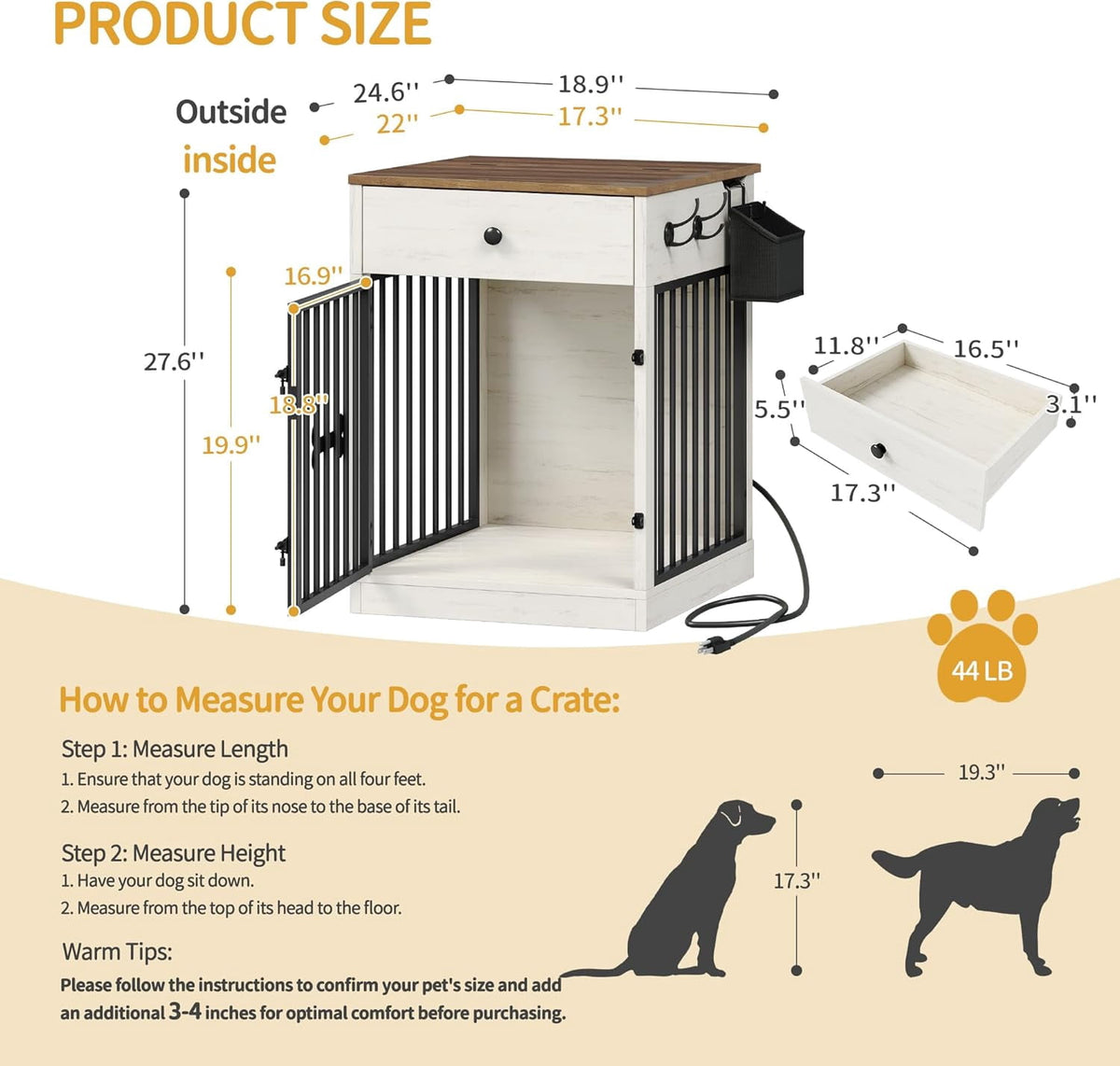 24.6" Wooden Dog Crate Furniture with charging station,small dogs,White Brown