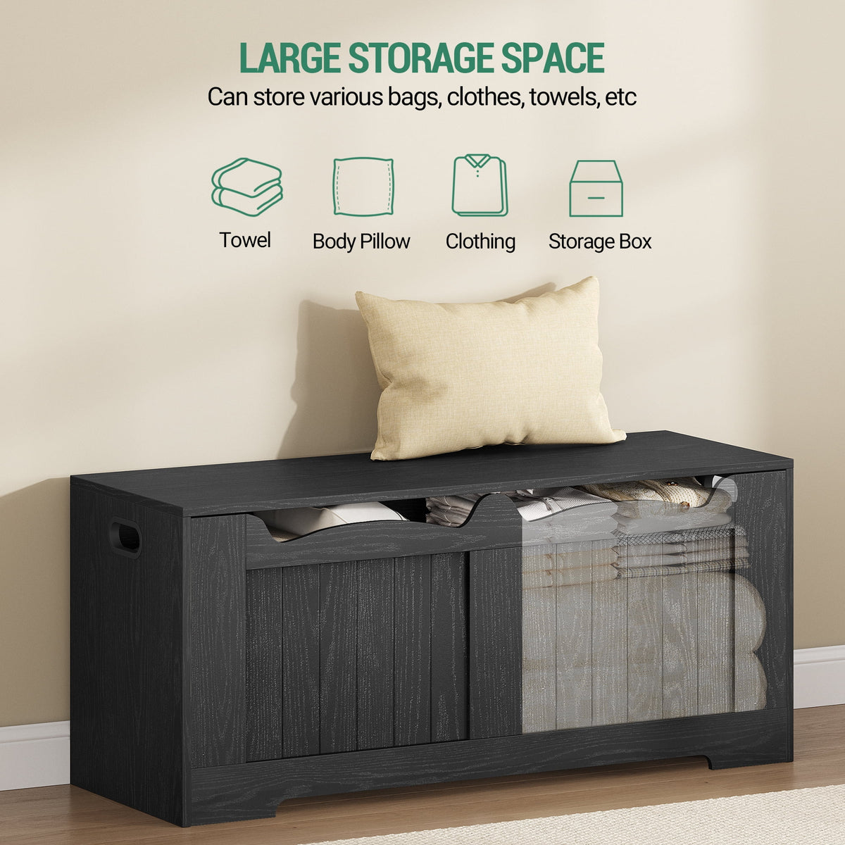 Hzuaneri 43.3" Large Storage Chest, Wooden Storage Bench with 2 Hinges, Lift-Top Chest Organizer for Living Room, Bedroom, Entryway, Black