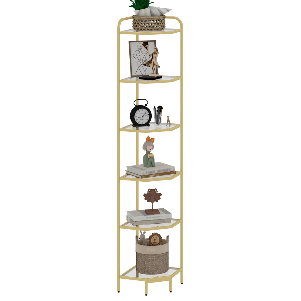 Corner Shelf Stand 6-Tier with Tempered Glass Shelves, Modern Glass Bookshelf Bookcase for Living Room Bathroom Kitchen, Gold