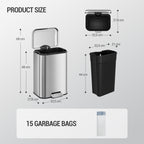 Hzuaneri Kitchen Rubbish Bin, 20 L Waste Bin with Pedal Pedal with Softclose Lid and Inner Bin, Kitchen Rubbish Bin with 15 Bin Liners, Steel, Silver SW12099B