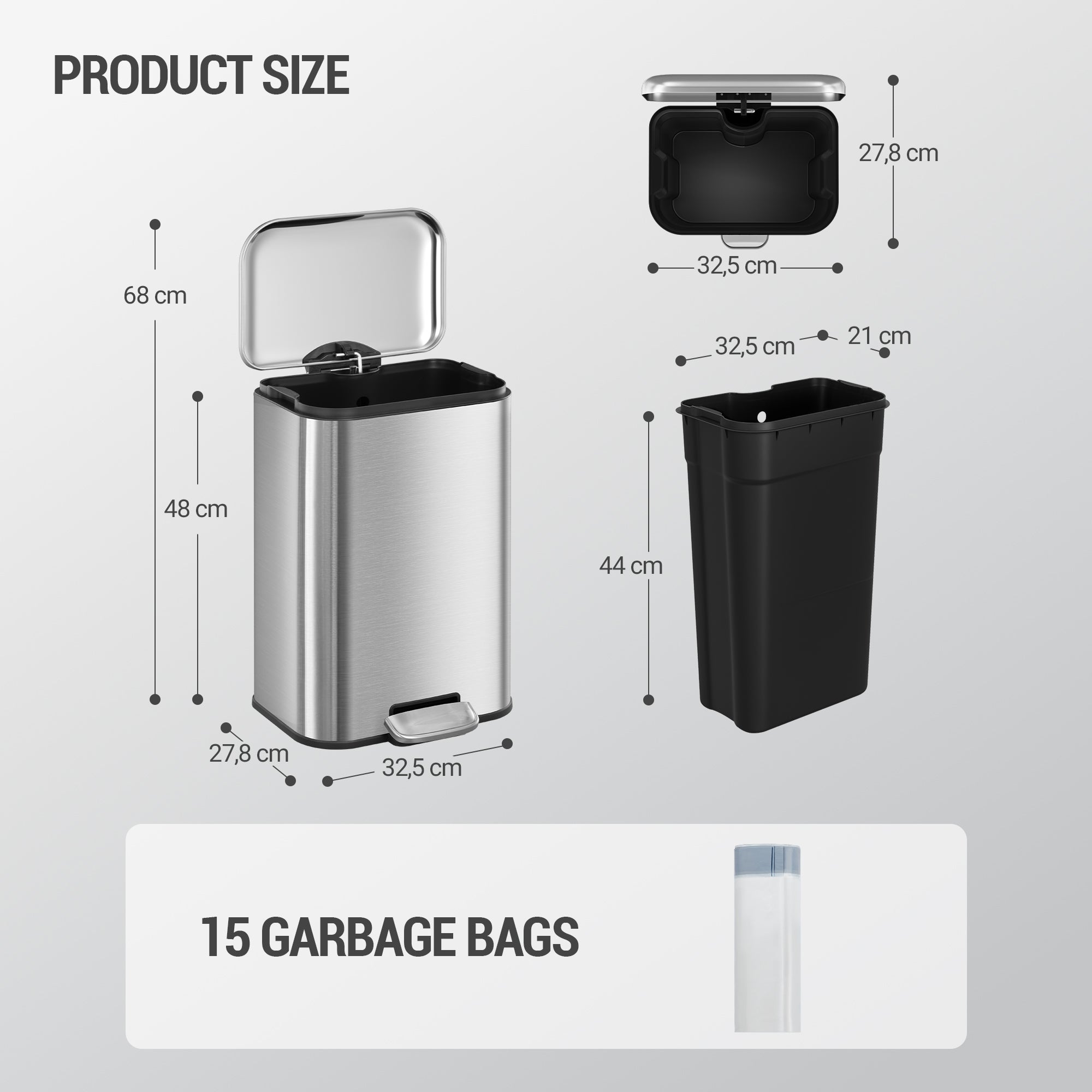 Hzuaneri Kitchen Rubbish Bin, 20 L Waste Bin with Pedal Pedal with Softclose Lid and Inner Bin, Kitchen Rubbish Bin with 15 Bin Liners, Steel, Silver SW12099B