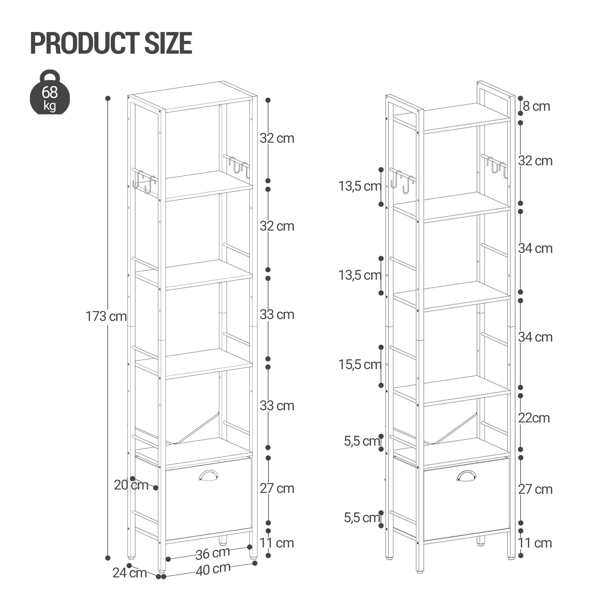 Hzuaneri  Bookcase, 6 Vertical Shelves with 1 Folding Fabric Drawer and 4 Hooks, Open Shelves, Metal Frame, for Study Room, Living Room, Vintage Brown and Black, 24 x 40 x 173 cm BC40601B