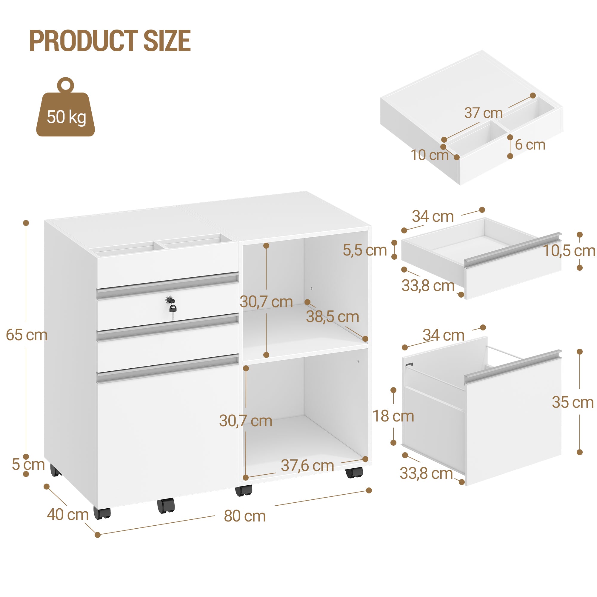 Hzuaneri Rolling Container, Mobile Filing Cabinet, Office Cabinet with 3 Drawers, 2 Open Compartments, Drawer Cabinet with Adjustable Hanging File for DIN A4, Letter, Office, Home Office, White FC42003X