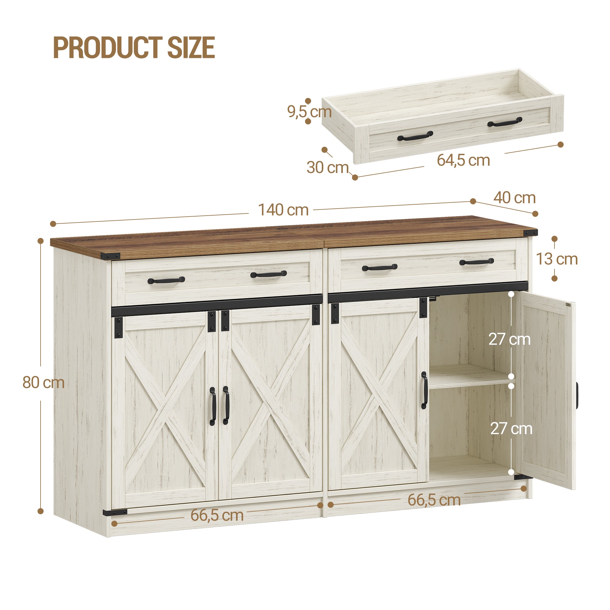 Hzuaneri Sideboard, Buffet Cabinet with 2 Drawers, 4 Doors SC94814X Kitchen Cabinet Country Style Kitchen Living Room 40 x 140 x 80 cm Vintage White Honey Brown