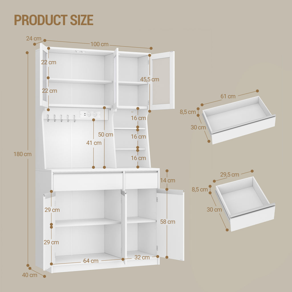 Hzuaneri kitchen cabinet, sideboard, chest of drawers for kitchen with sockets and LED light strips, with worktops and two drawers, adjustable shelves, kitchen, 40 x 100 x 180 cm, white PT00103X