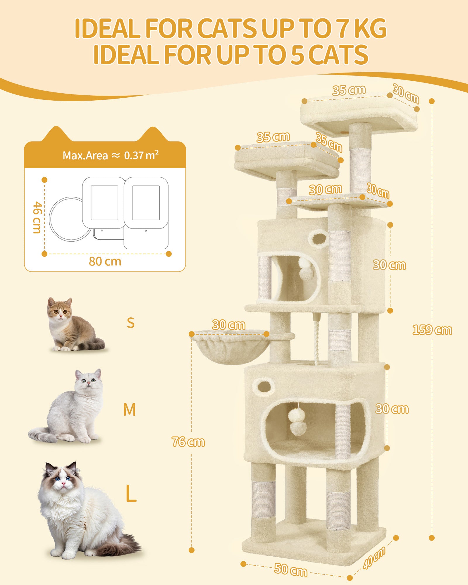Hzuaneri Cat Tree, 159 cm with 8 Scratching Posts, Beige with 3 Platforms, 2 Caves, Basket, Plush Balls, Sisal Rope, Suitable for Cats of Various Sizes, MS15918YL