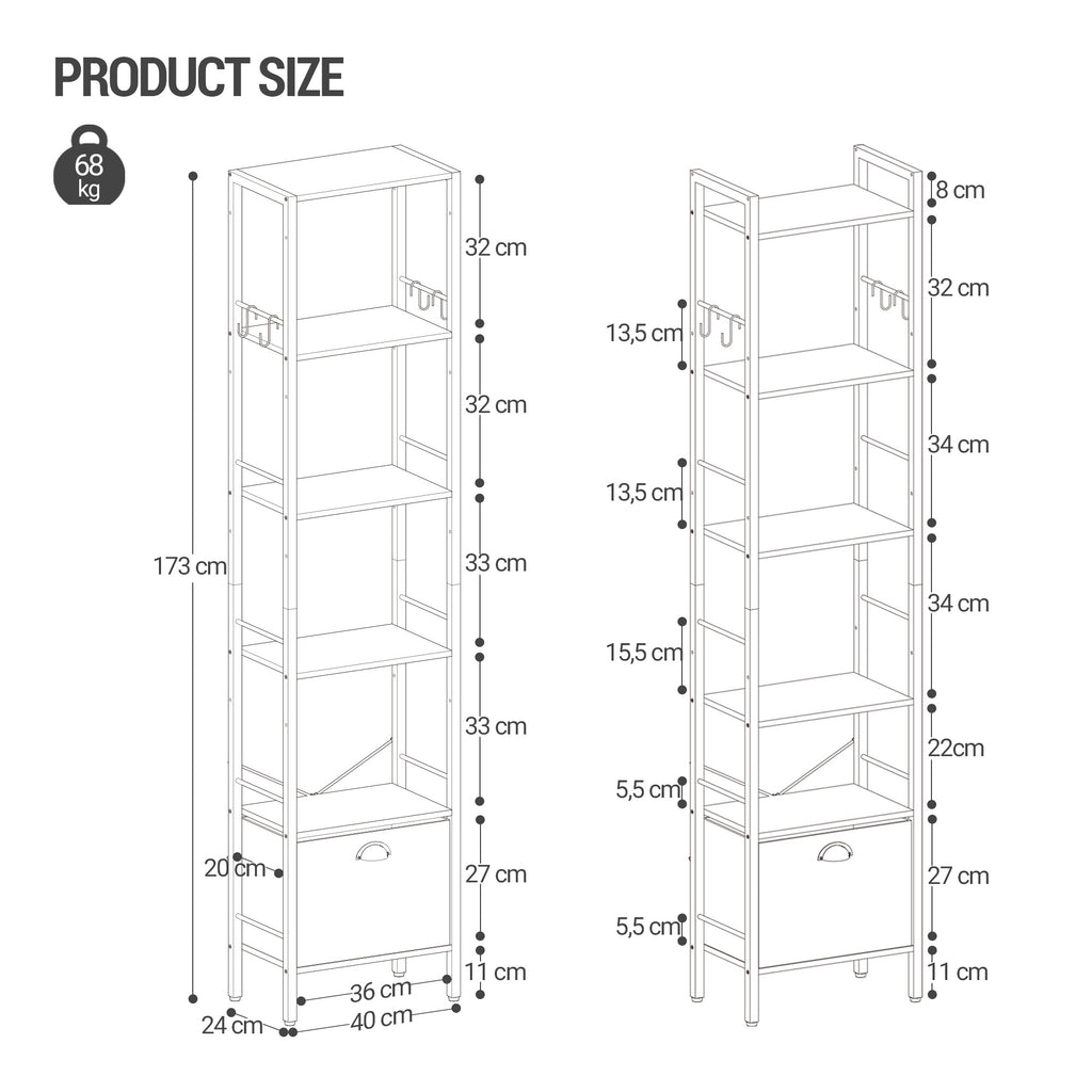Hzuaneri bookcase, 6 vertical shelves with 1 fold-down fabric drawer and 4 hooks, open shelves, metal frame, for study, living room, white oak, 24 x 40 x 173 cm, BC40616W