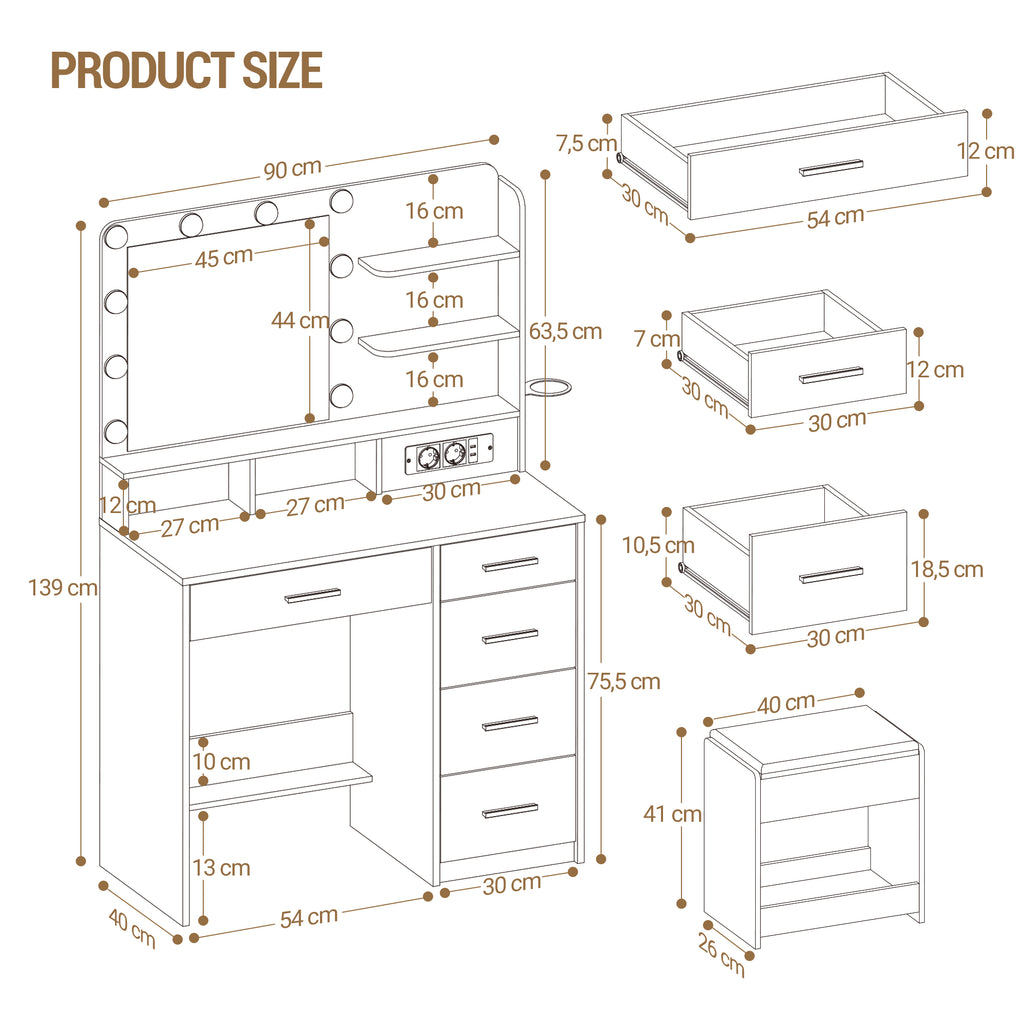 Hzuaneri dressing table with 10 LED lights, stool, vanity table with large mirror, dressing tables with power outlet, hairdryer holder, and multiple drawers, white,DT39003X