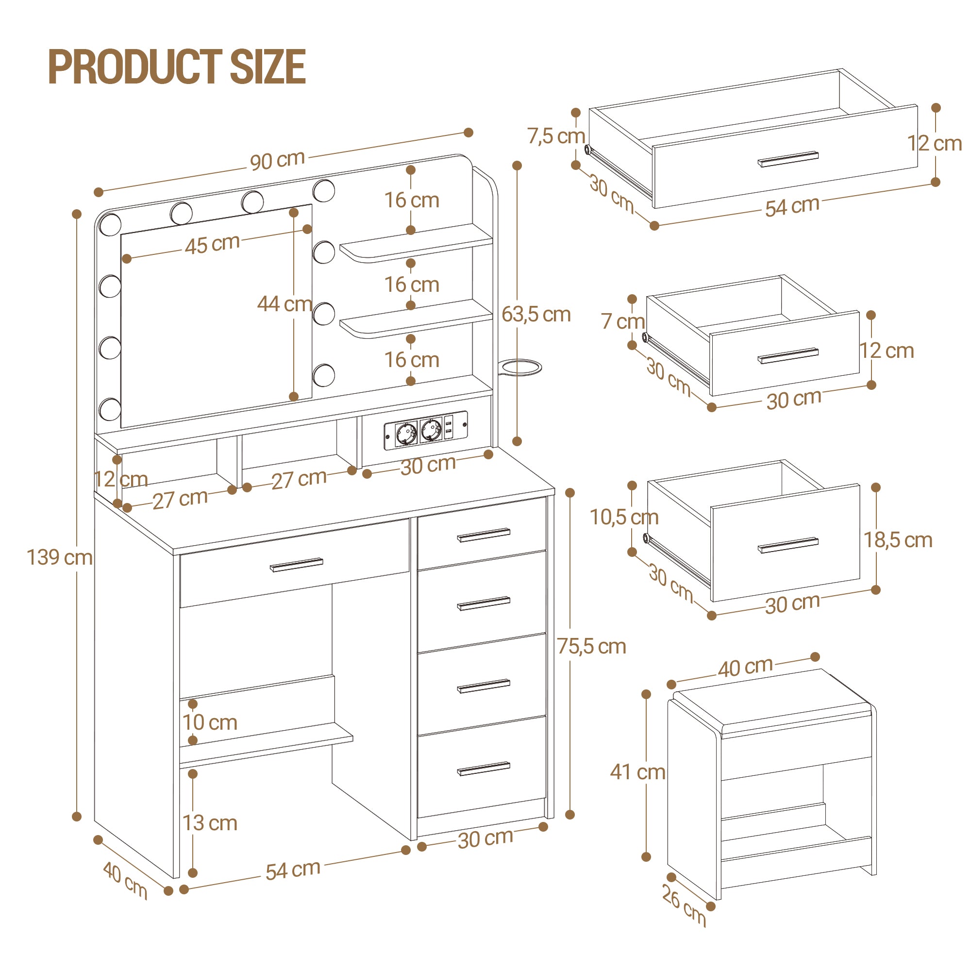 Hzuaneri dressing table with 10 LED lights, stool, vanity table with large mirror, dressing tables with power outlet, hairdryer holder, and multiple drawers, white,DT39003X