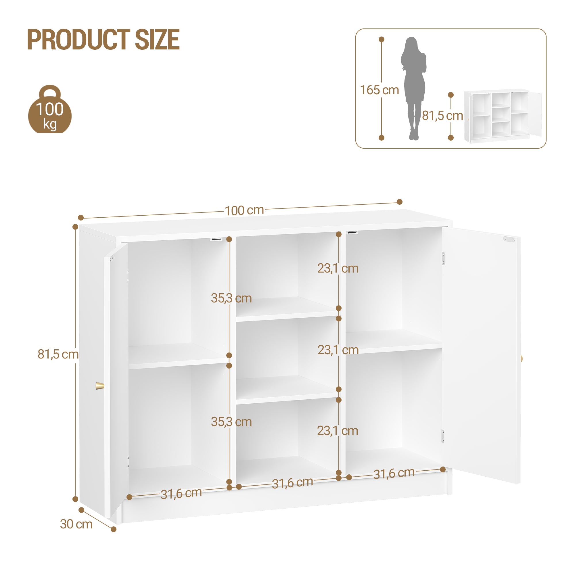 Hzuaneri Bathroom Cabinet with 2 Doors, Kitchen Cabinet, Storage Cabinet, Sideboard with 3 Open Storage Compartments, Adjustable Shelf, Bathroom, Kitchen, 30 x 100 x 81.5 cm, White SC21203X