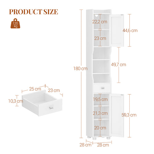 HEXCELEN Bathroom Cabinet, Narrow Tall Bathroom Cabinet, Bathroom Tall Cabinet with 2 Doors and 1 Drawer, Adjustable Shelves, Open Compartment, Space-Saving Bathroom Shelf, 28 x 28 x 180 cm, White, 480013X
