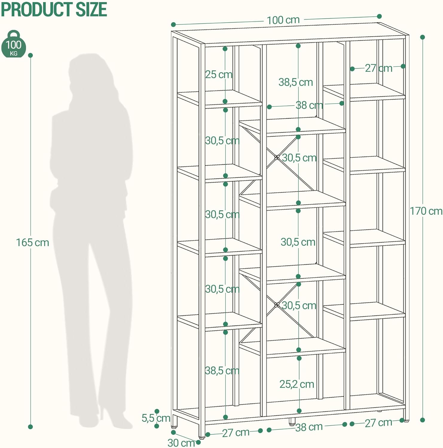 Hzuaneri Bookcase, 6-Tier Bookshelf with 15 Shelves, Large Adjustable Bookshelf, for Living Room, Office, Bedroom, Study, 30 x 100 x 170 cm, White BC15013W