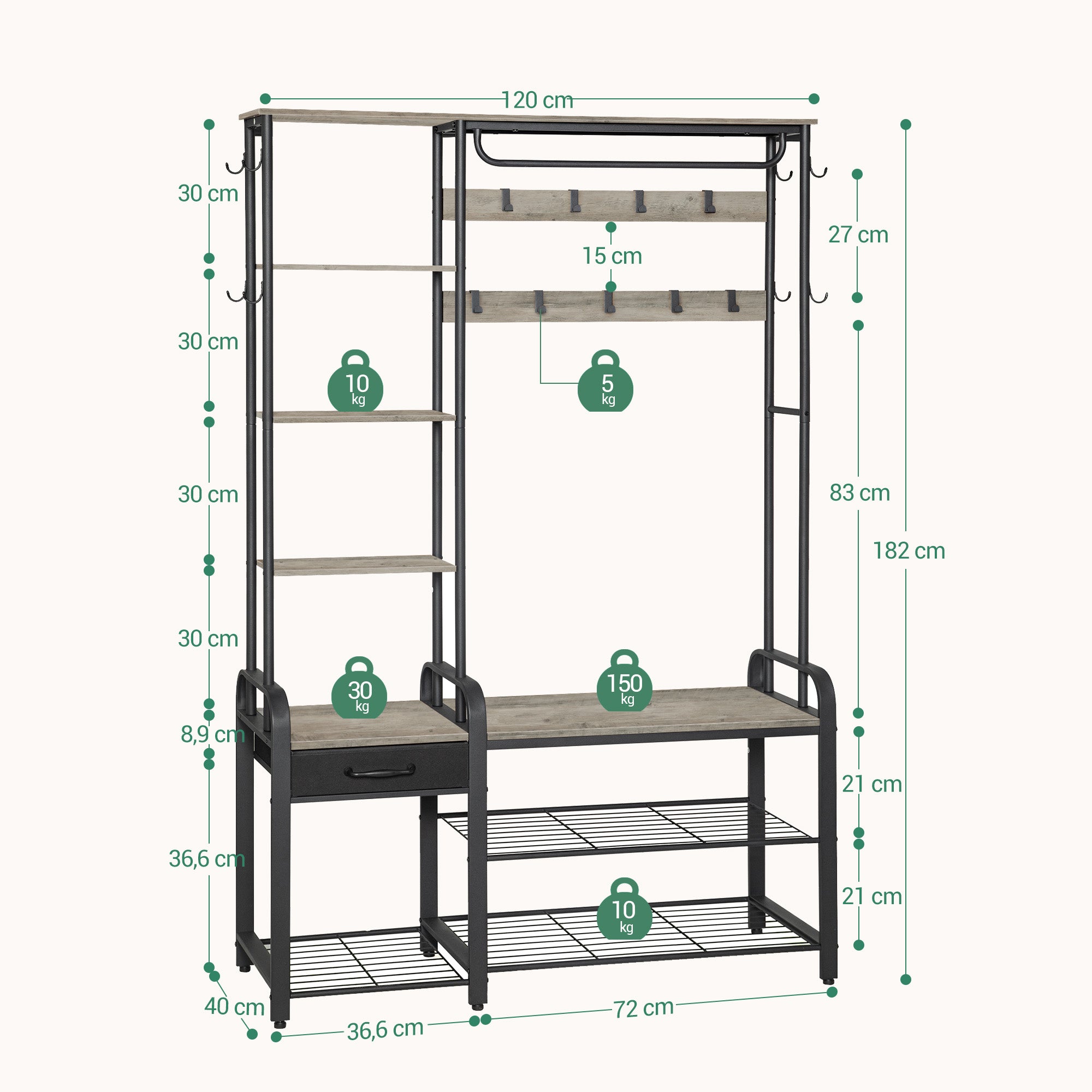 Hzuaneri Coat Rack with Shoe Bench, Wardrobe, 1 Drawer, Clothes Rack with 17 Hooks, 1 Hanging Rail, 4-Tier Side Unit, 120 x 40 x 182 cm, Light Ivory and Black HT03505B