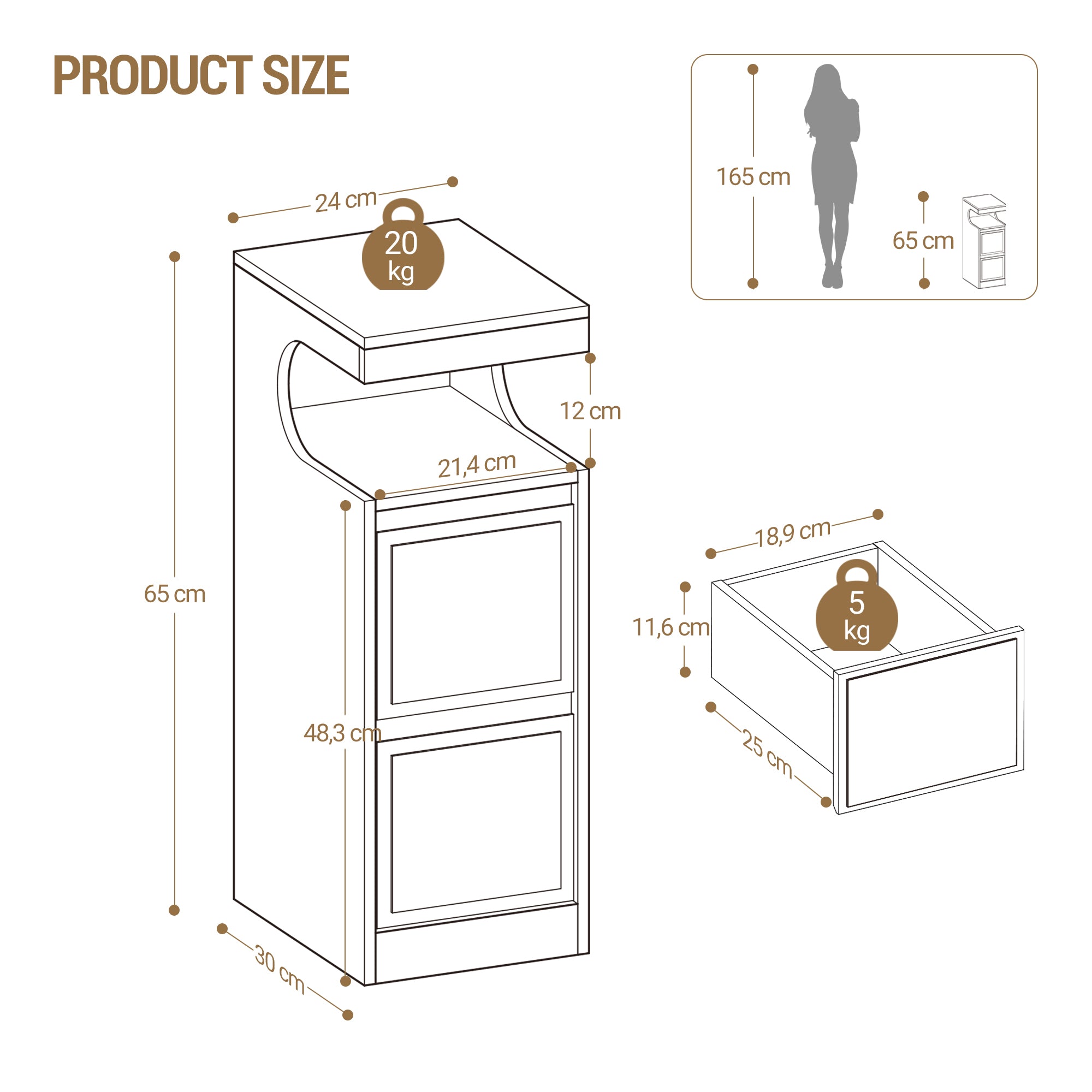 Hzuaneri LED Nightstand, Side Table with 2 Drawers and Open Compartment, Dimmable Light, for Bedroom or Living Room — 30 x 24 x 65 cm, White NS39113X