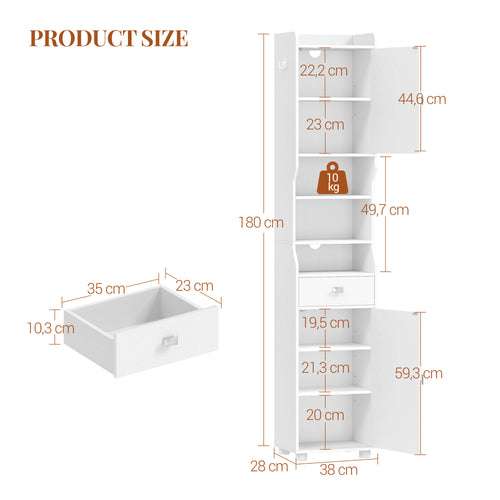 HEXCELEN Bathroom Cabinet, Bathroom Cabinet, Narrow High, Tall Bathroom Cabinet with 2 Doors and 1 Drawer, Adjustable Shelves, Open Compartment, Space-Saving Bathroom Shelf, 28 x 38 x 180 cm, White, 5240013X