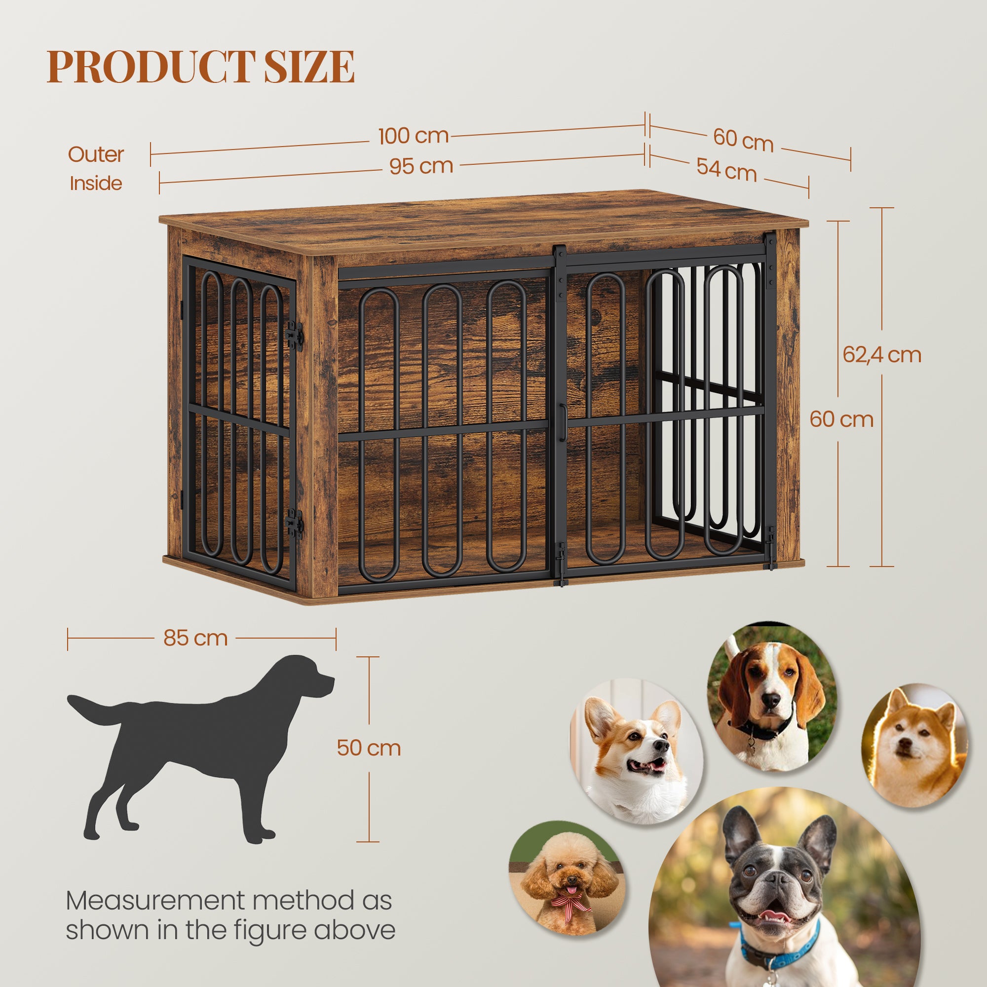 HEXCELEN Wooden Dog Cage Furniture, 100 cm Dog Crate for Home, Dog Cage with 2 Doors, Sliding Doors, for Small, Medium Dogs, Heavy Duty Side Table, 100 x 60 x 62.4 cm, White Brown,910114B