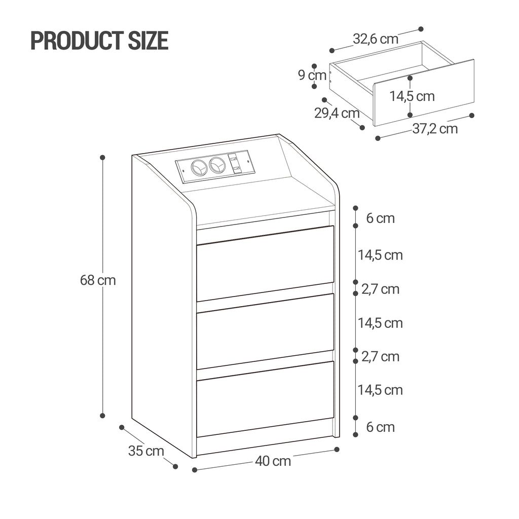 Hzuaneri Nightstand with Charging Station & LED, 3 Drawers, 2 AC Outlets & 2 USB Ports, White