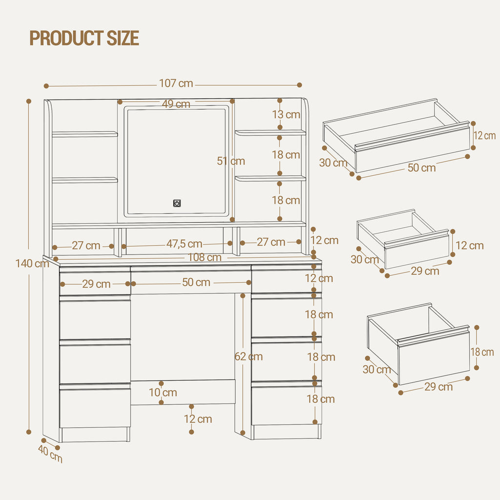 Hzuaneri Large Vanity Table with LED Lighting, 3 Colors, Brightness Control, Vanity Table with Mirror, 9 Drawers, 9 Open Shelves, Modern Style, White-Gold DT41903X