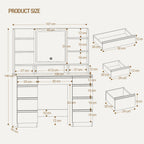 Hzuaneri Large Vanity Table with LED Lighting, 3 Colors, Brightness Control, Vanity Table with Mirror, 9 Drawers, 9 Open Shelves, Modern Style, White-Gold DT41903X