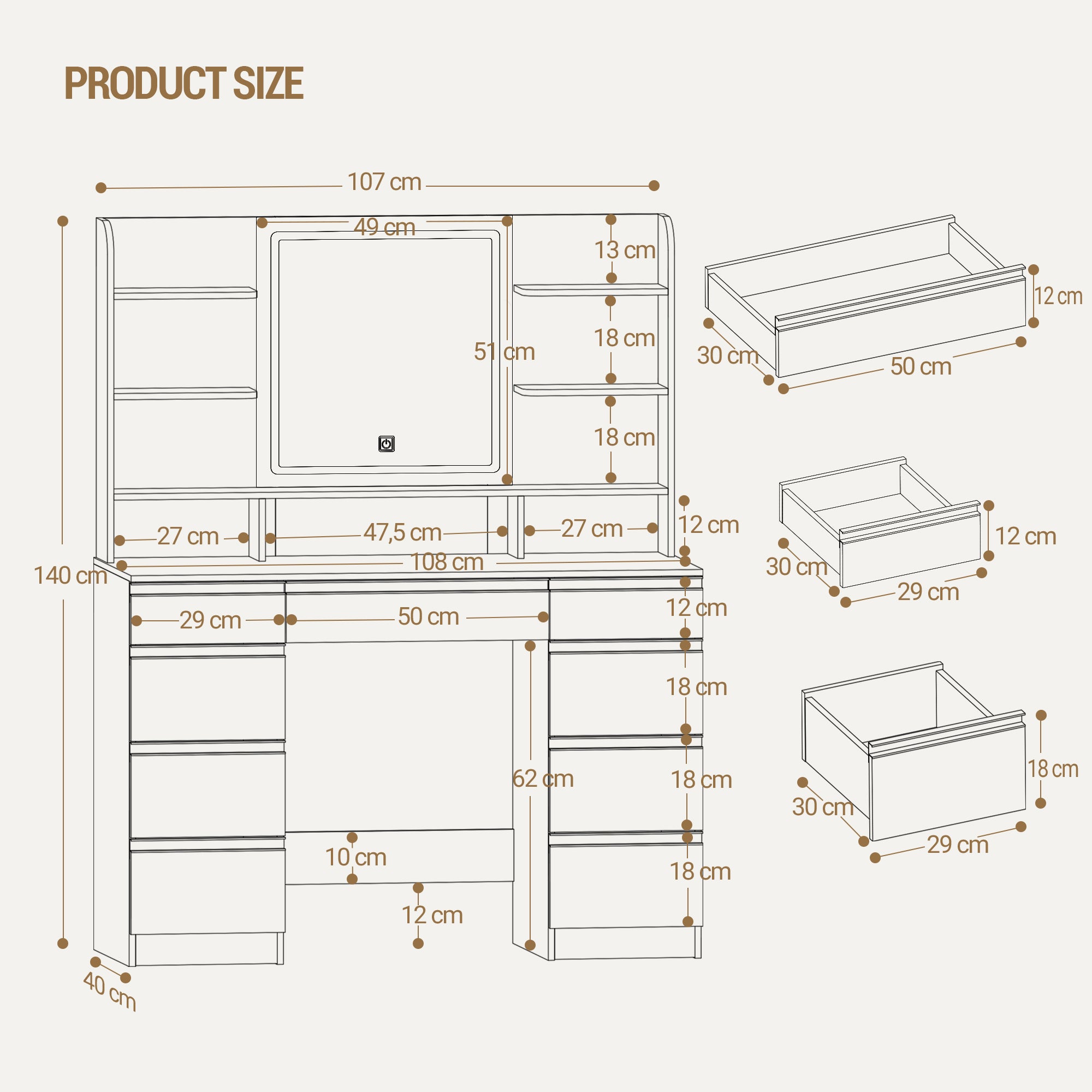 Hzuaneri Large Vanity Table with LED Lighting, 3 Colors, Brightness Control, Vanity Table with Mirror, 9 Drawers, 9 Open Shelves, Modern Style, White-Gold DT41903X