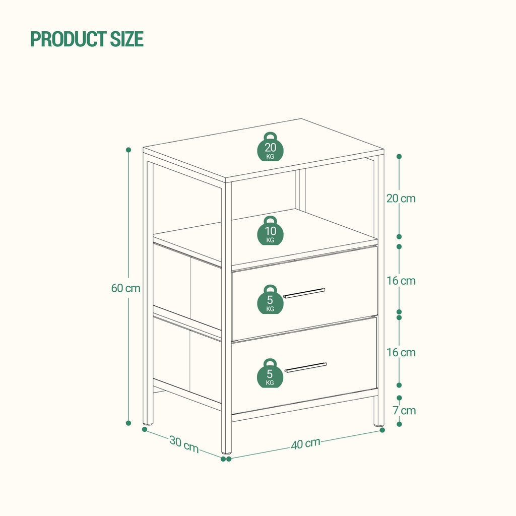 Hzuaneri Bedside Table Set of 2 with 2 Fabric Drawers & Shelf, Nightstand for Bedroom and Living Room, Black