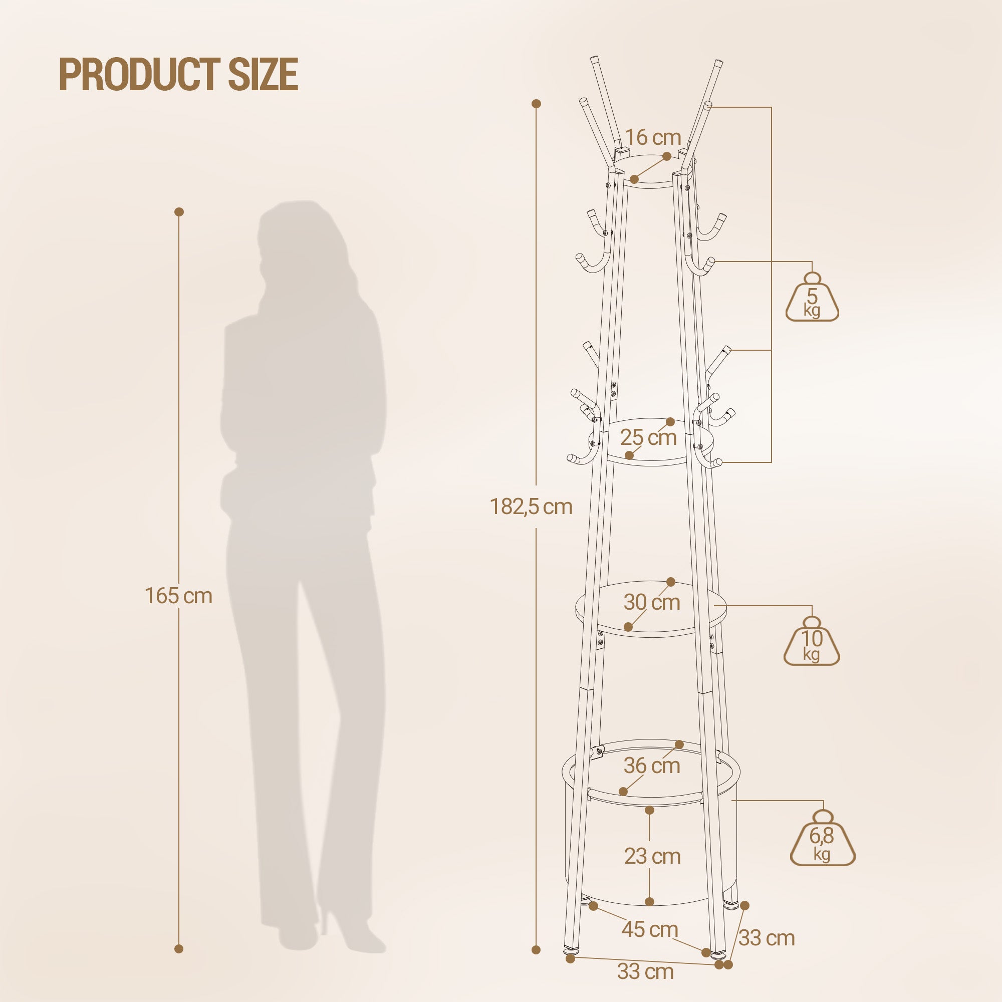 Hzuaneri Coat Stand, Coat Rack with 16 Hooks and 1 Basket, Metal Coats Hall Tree for Scarves, Bags, Hats, FreeStanding, Hallway, Living Room, Bedroom, Office, White Oak CR27316W