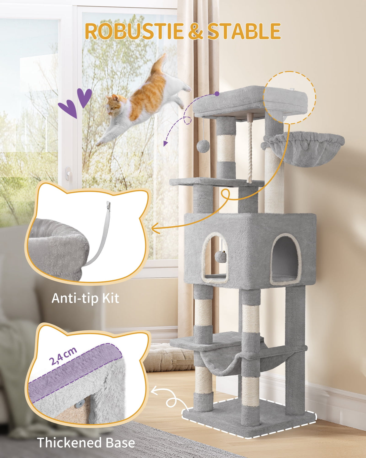Cat Tree, 58.7‑Inch Tall Multi‑Level Cat Tower for Indoor Cats with Scratching Posts, Hammock and Cat Cave, Light Gray