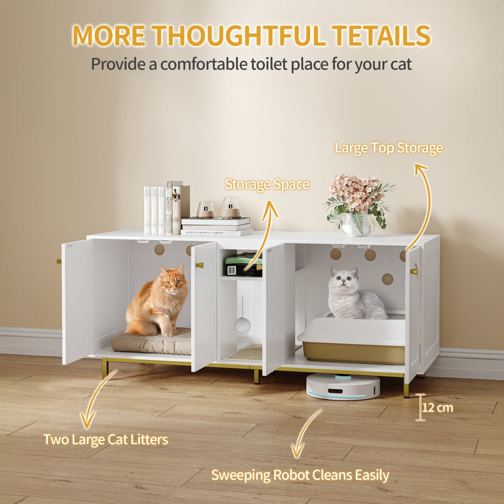 Hzuaneri Cat Litter Box Enclosure for 2 Cats, 55" Hidden Litter Boxes with Double Room, Storage, Plush Ball, Wooden Cat Washroom Furniture, White Gold