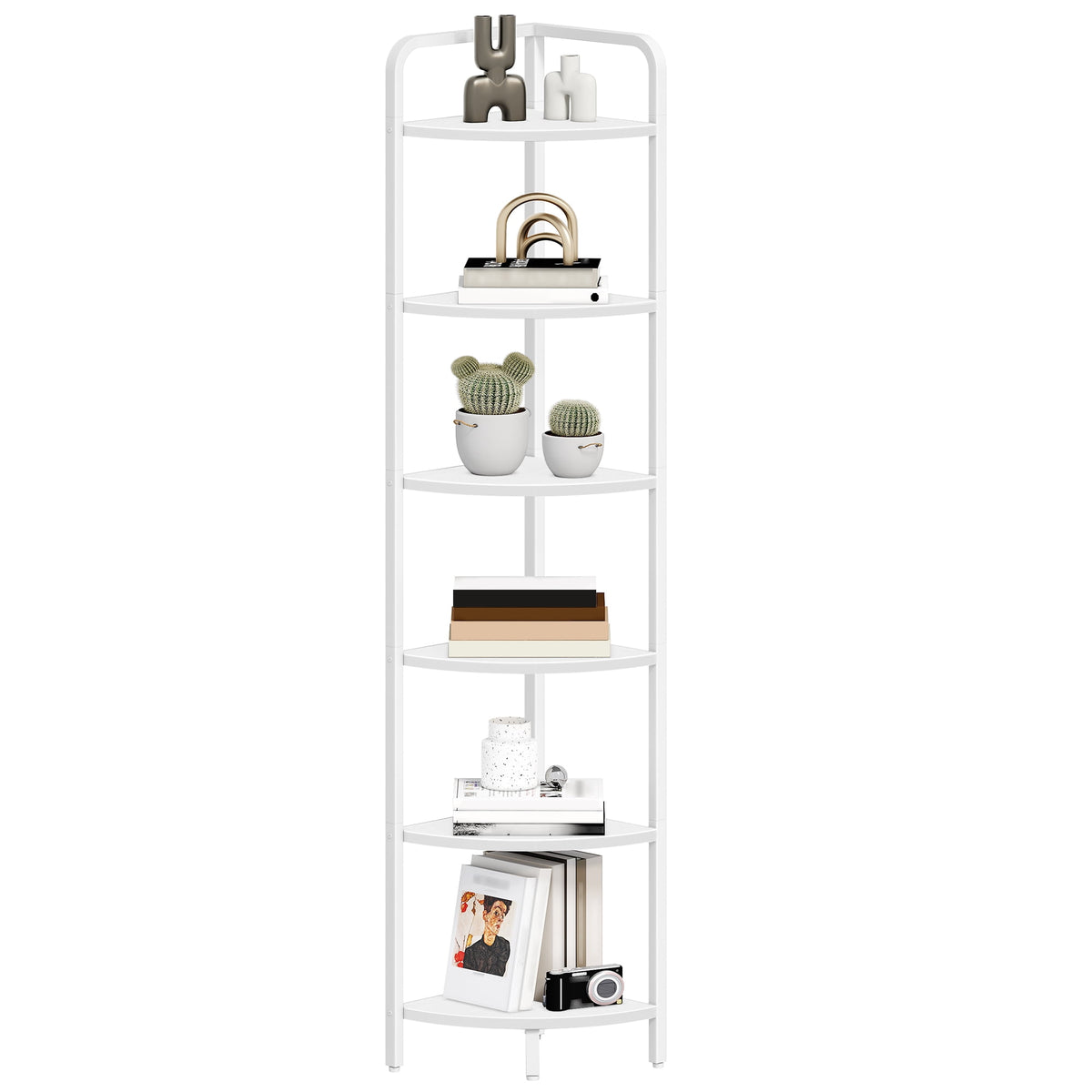 Corner Shelf Stand 6-Tier with Metal Frame, Industrial Corner Bookshelf Plant Shelf for Living Room Bathroom Kitchen, White