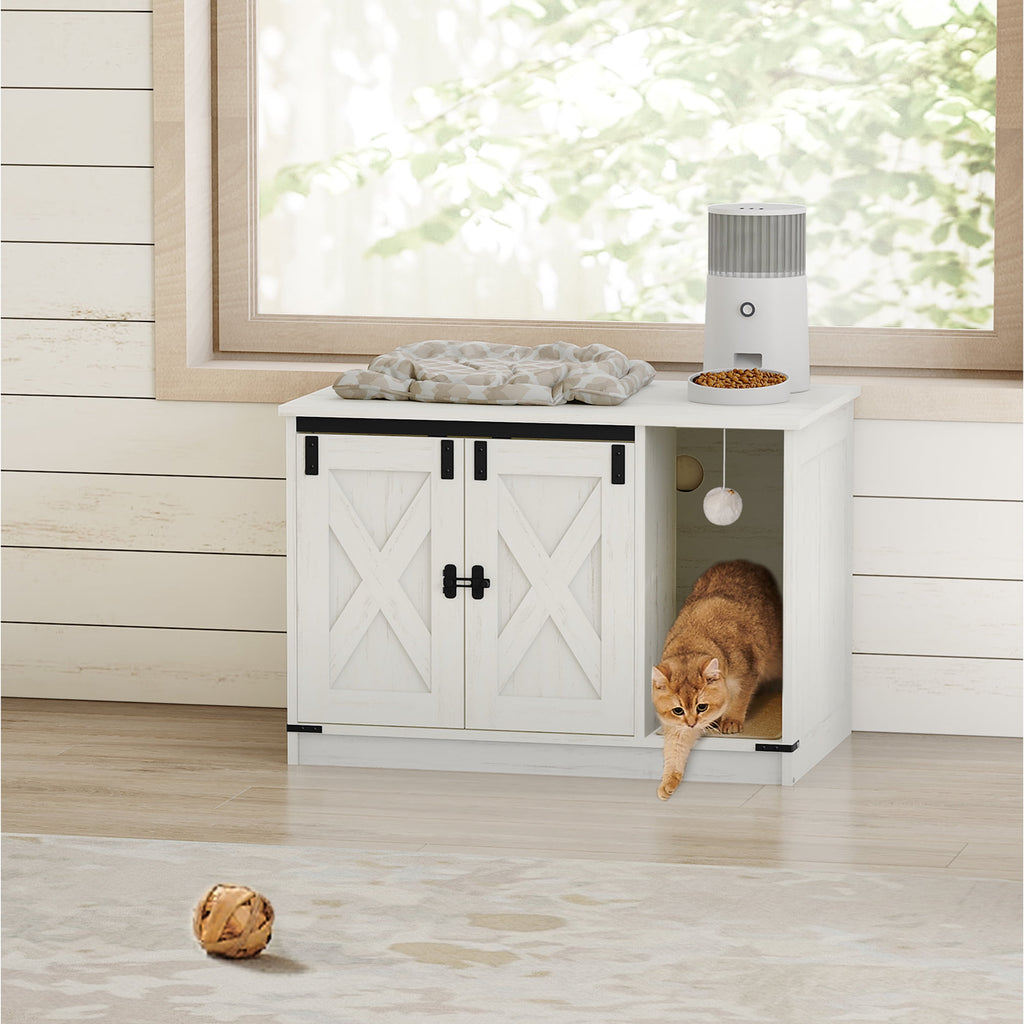Hzuaneri 31.5" Cat Litter Box Enclosure, Hidden Cabinet Furniture with Bell for Indoor Cat, Farmhouse Style, White