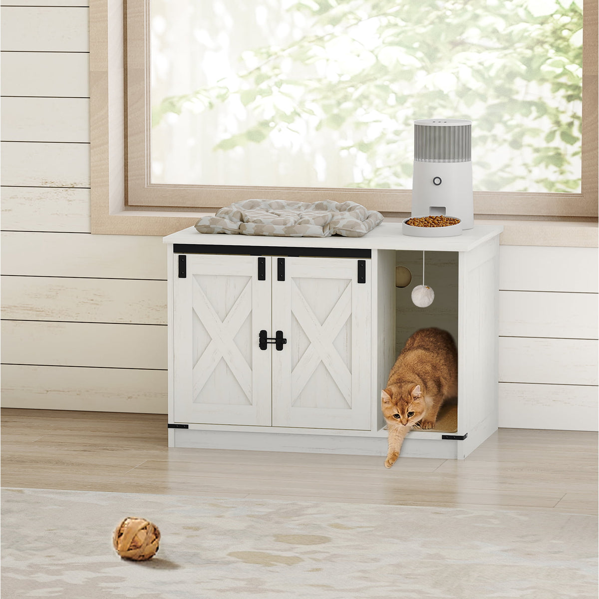 Hzuaneri 31.5" Cat Litter Box Enclosure, Hidden Cabinet Furniture with Bell for Indoor Cat, Farmhouse Style, White