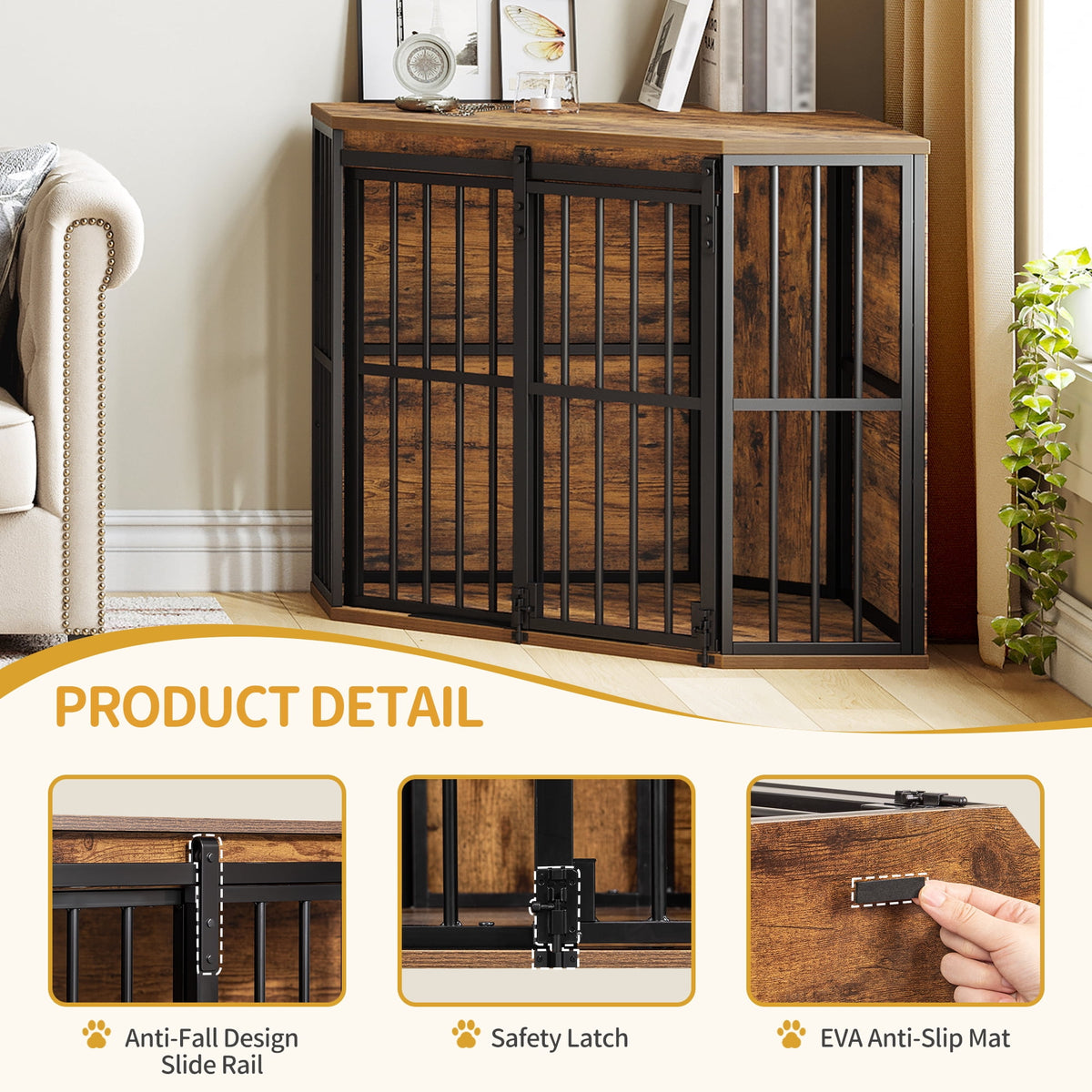 Hzuaneri Corner Dog Crate Furniture, Wooden Dog Kennel with Barn Door, Decorative Pet Cage as TV Stand, Indoor Heavy Duty Dog Kennel for Small Medium Dogs, Rustic Brown