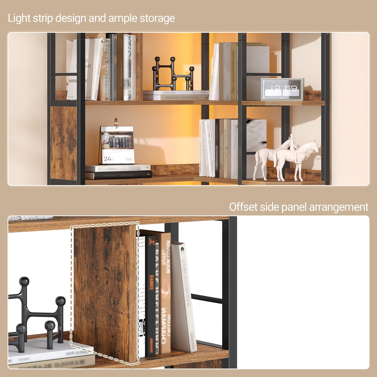 Hzuaneri 5-Tier Corner Bookshelf with LED Light, L-Shaped Bookcase with Metal Frame and Wooden Board, Industrial Bookcase with Display Shelf for Living Room Home Office, Rustic Brown