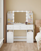 Hzuaneri White Makeup Vanity Desk, 42.5"W Makeup Vanity Table with Led Mirror, 4 Drawers, 2 Open Storage Cabinets, Jewelry Storage, Makeup Desk for Bedroom, Bathroom