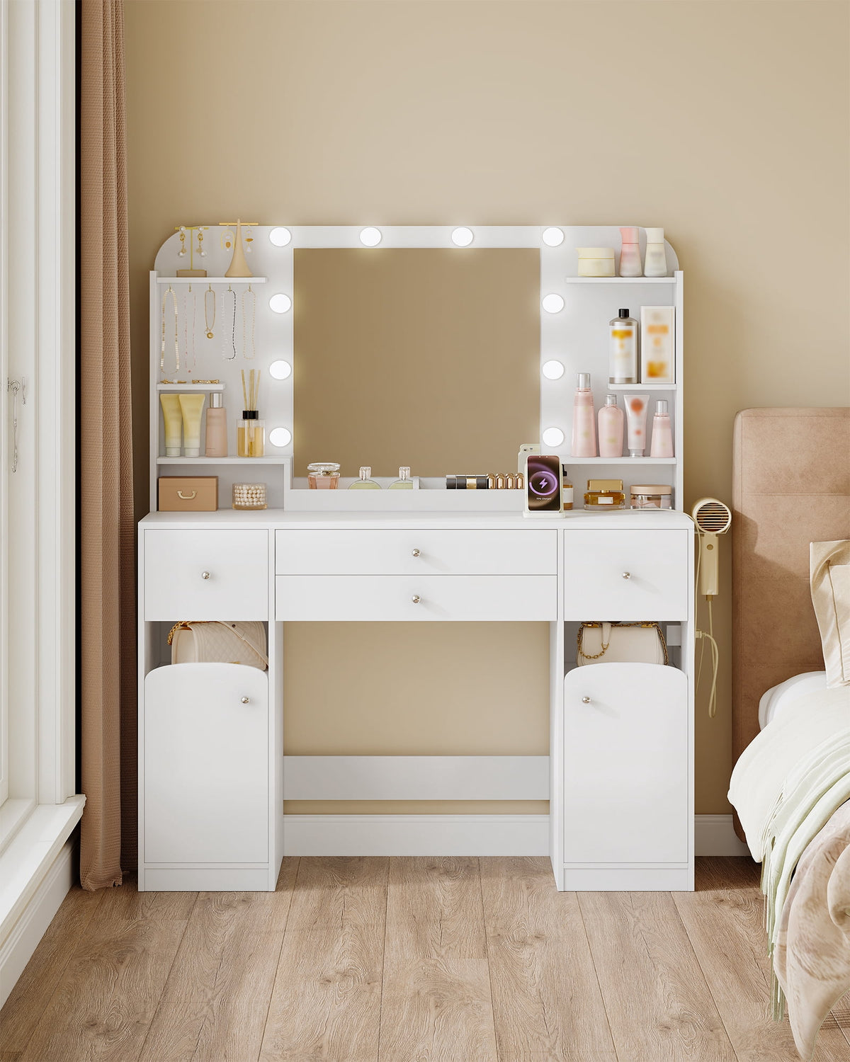 Hzuaneri White Makeup Vanity Desk, 42.5"W Makeup Vanity Table with Led Mirror, 4 Drawers, 2 Open Storage Cabinets, Jewelry Storage, Makeup Desk for Bedroom, Bathroom